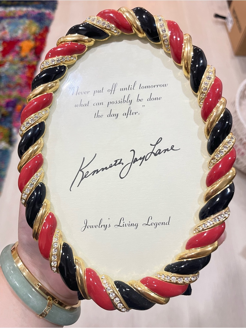 Kenneth Jay Lane Red, Black and Gold Twisted Oval Frame with Crystal Accents